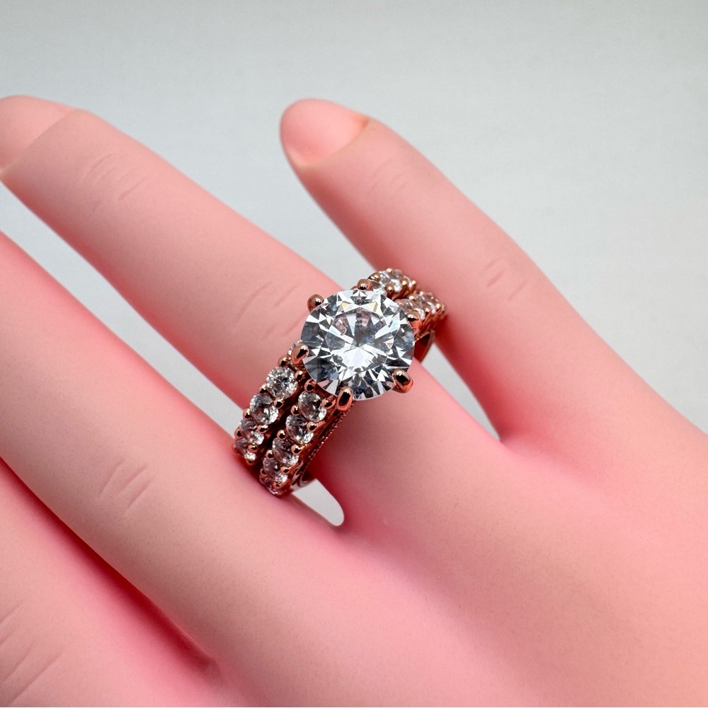 White 5A Cubic Zirconia Diamond Like Solid Silver Rose Gold‎ Tone Ring Set Sz 7